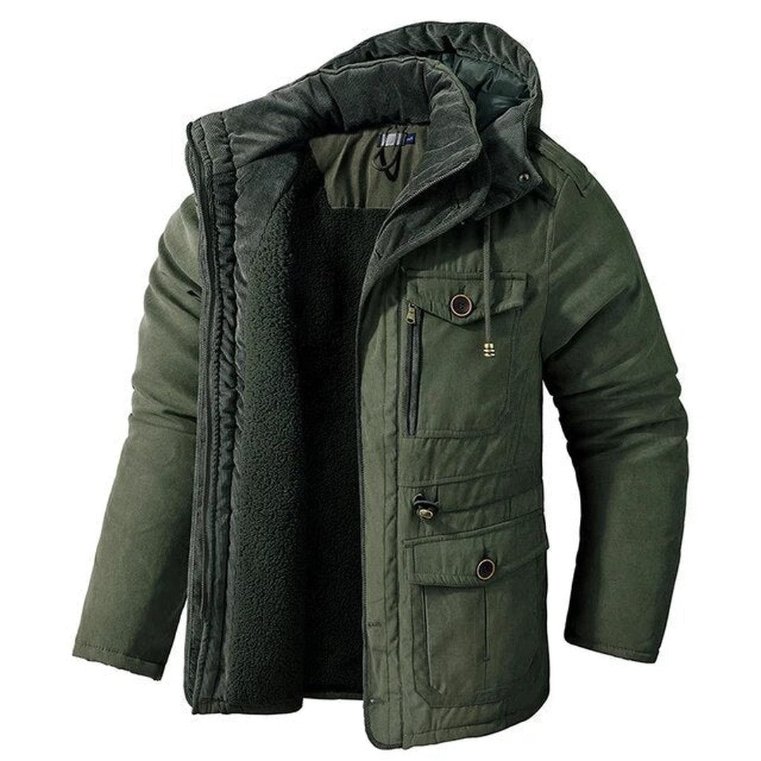 Man wearing the Tanner men's cotton jacket, flatlay view