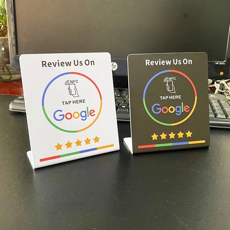 NFC tap-to-review card on a counter stand - product photo 1
