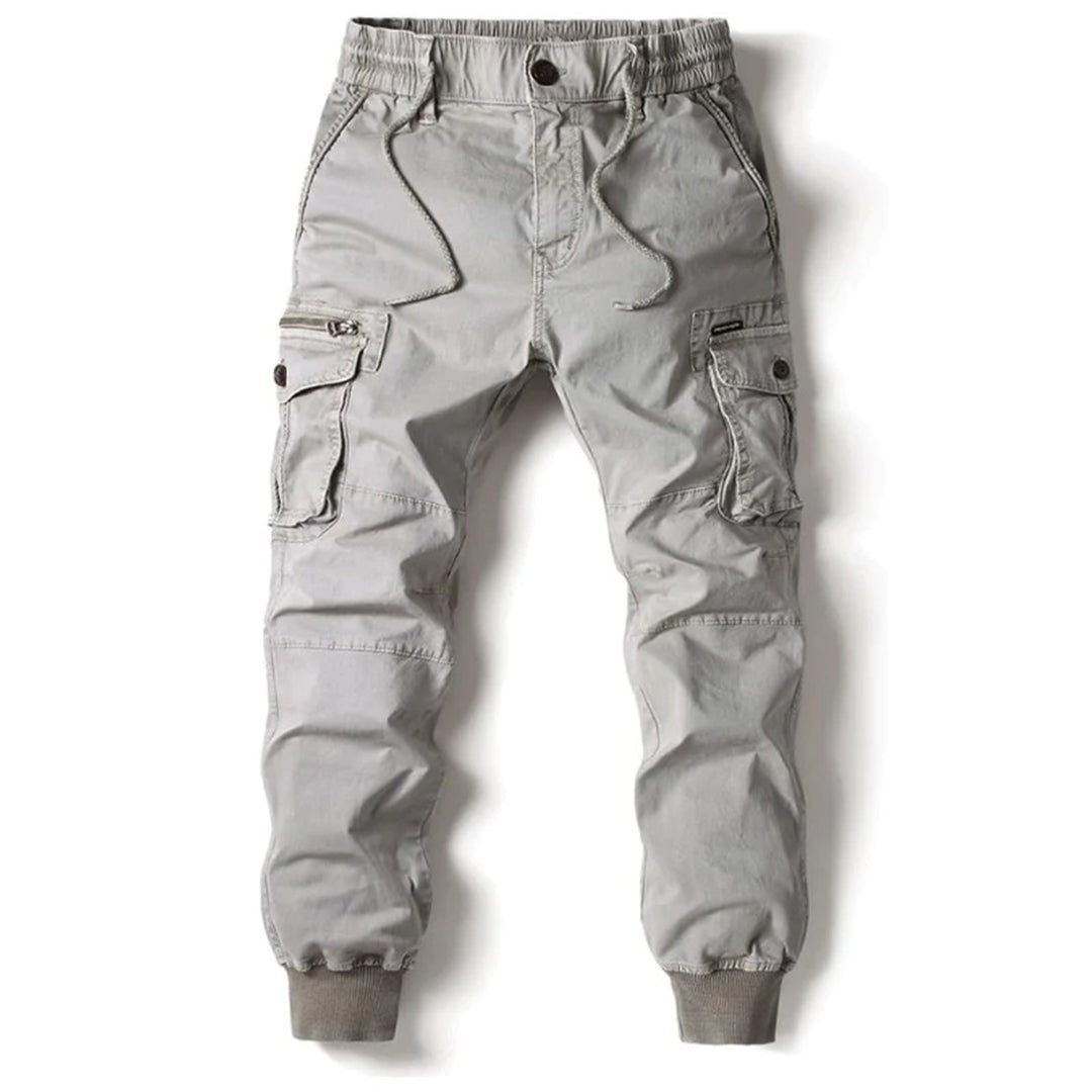 Man wearing the Thaddeus men's long-sleeve pants, flatlay view
