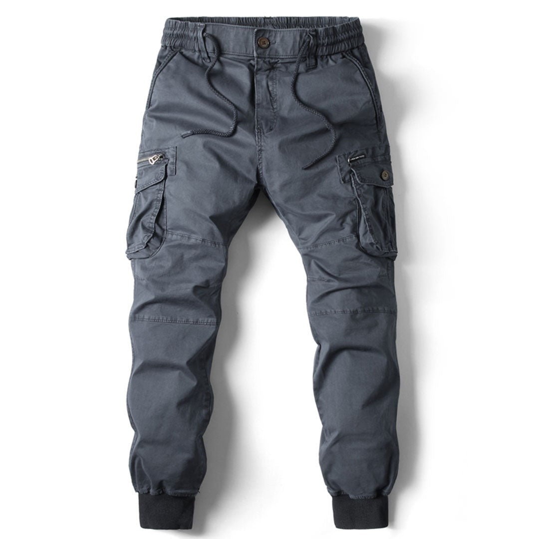 Man wearing the Thaddeus men's long-sleeve pants, side view
