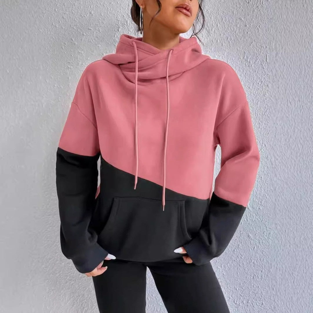 Woman wearing the Thea women's elegant hoodie, detail view