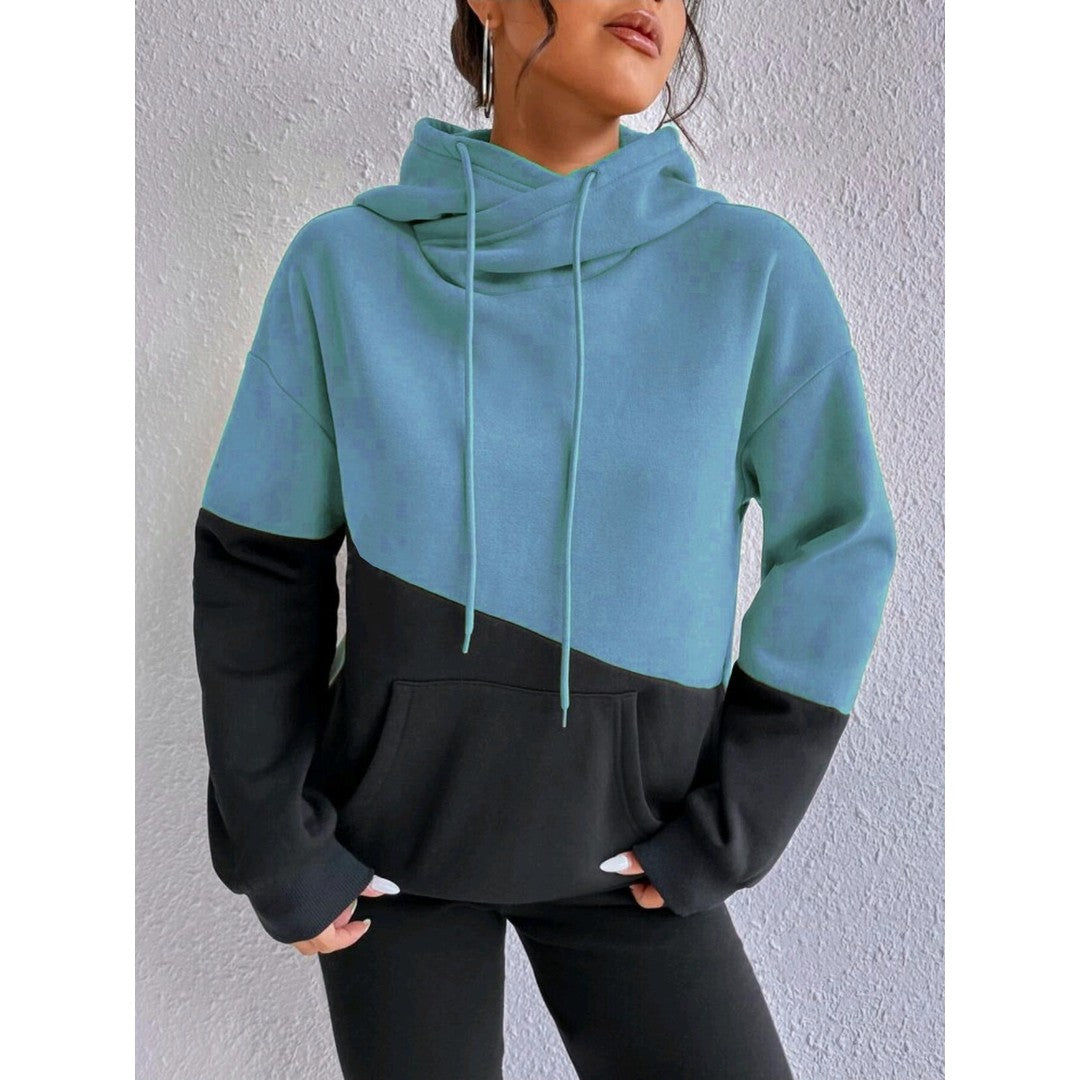Woman wearing the Thea women's elegant hoodie, front view