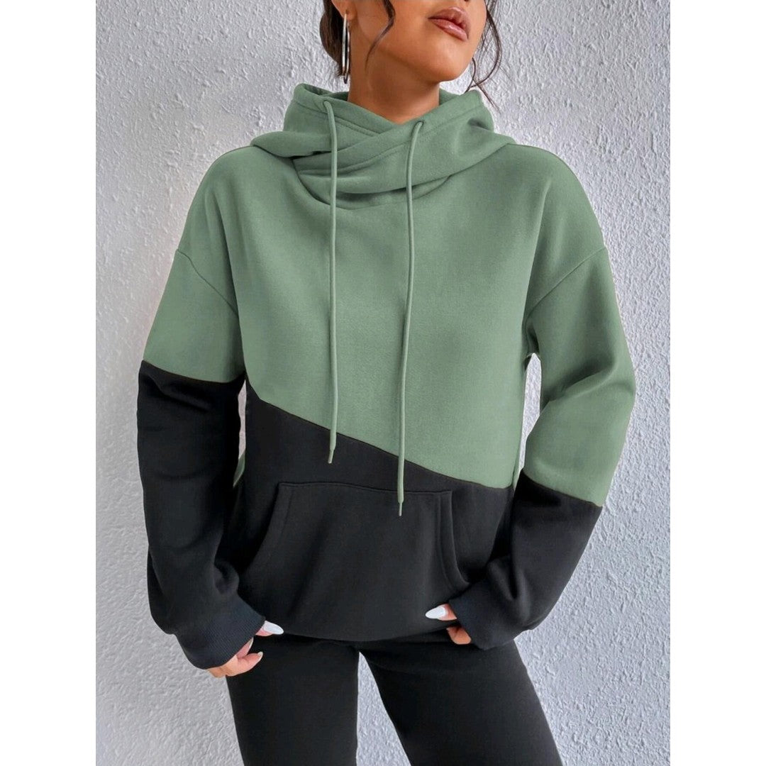 Woman wearing the Thea women's elegant hoodie, side view