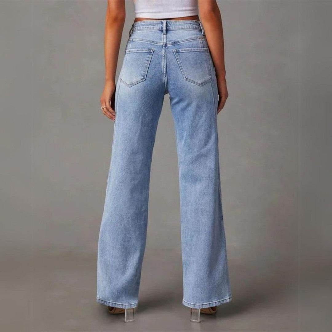 Woman wearing the Theodora women's casual denim chic jeans, back view