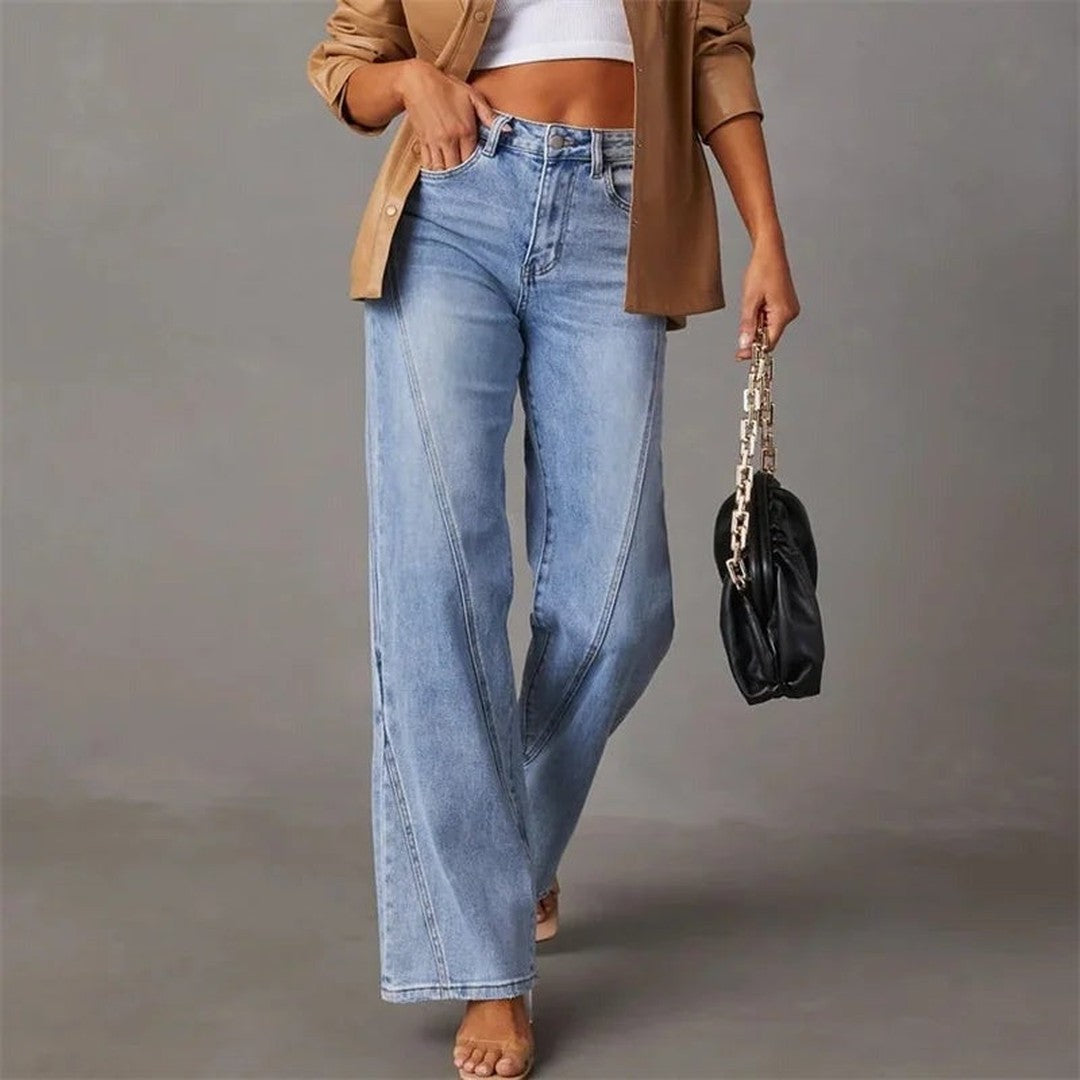 Woman wearing the Theodora women's casual denim chic jeans, detail view