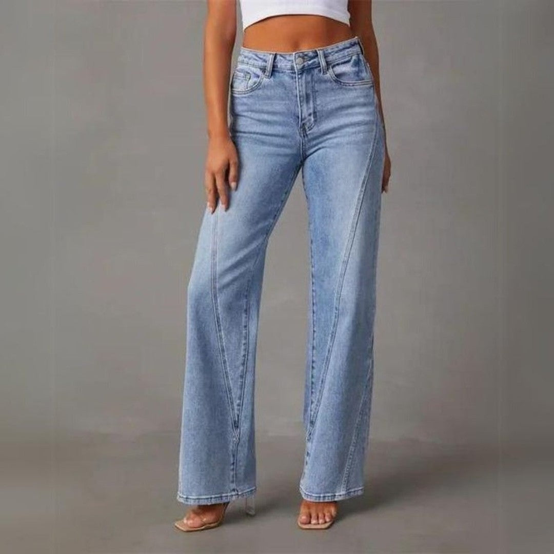 Woman wearing the Theodora women's casual denim chic jeans, flatlay view