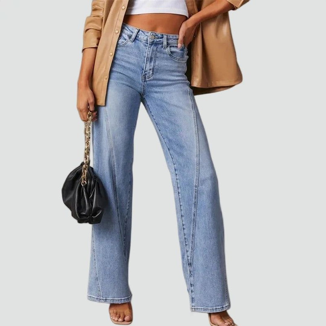 Woman wearing the Theodora women's casual denim chic jeans, front view