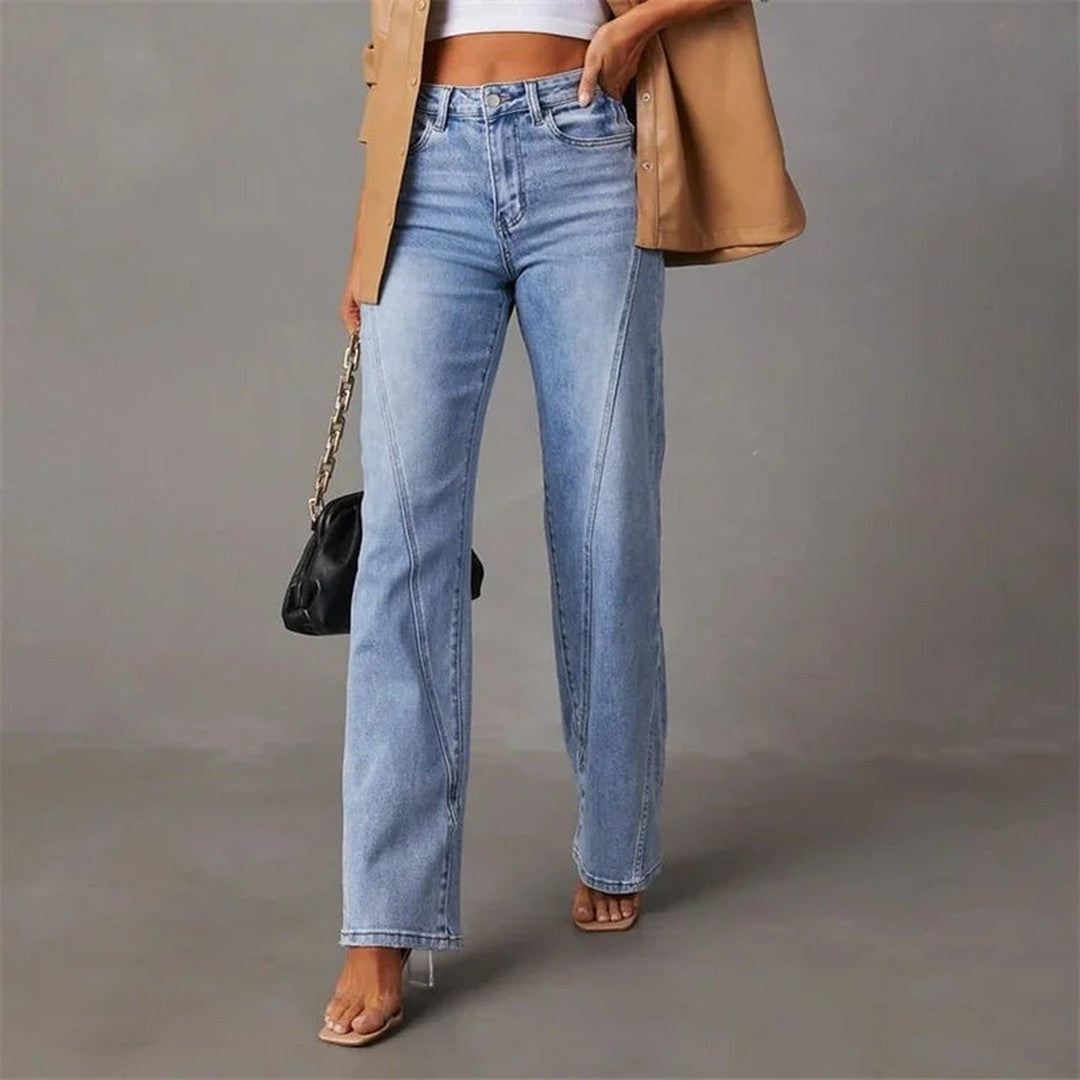 Woman wearing the Theodora women's casual denim chic jeans, model view