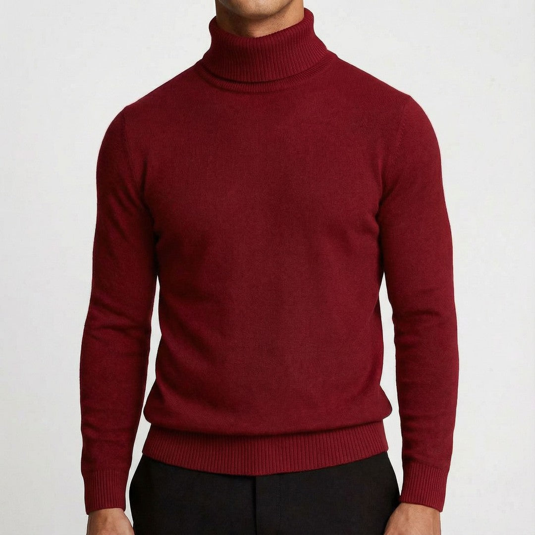 Man wearing the Tiberius men's turtleneck sweater, back view