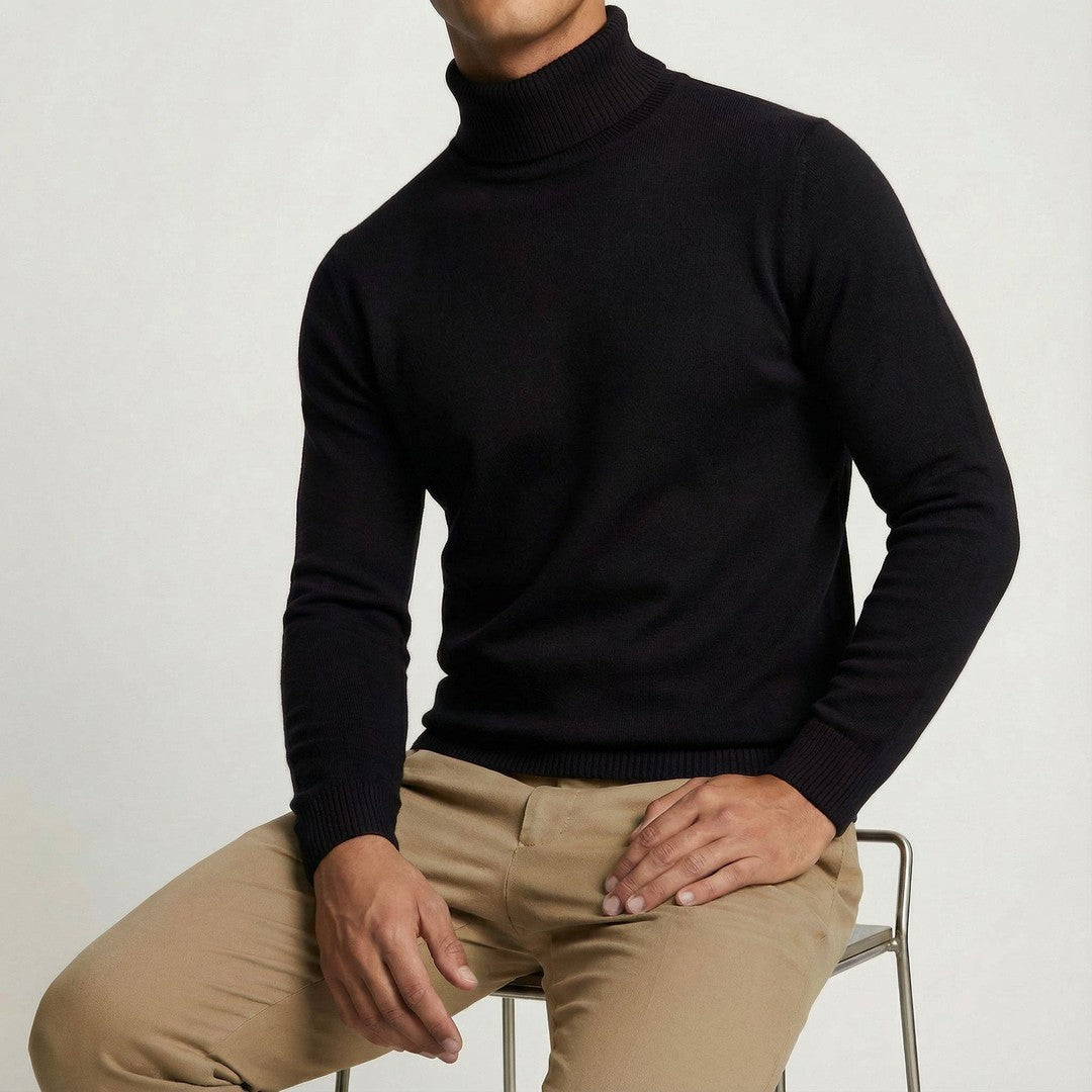 Man wearing the Tiberius men's turtleneck sweater, flatlay view