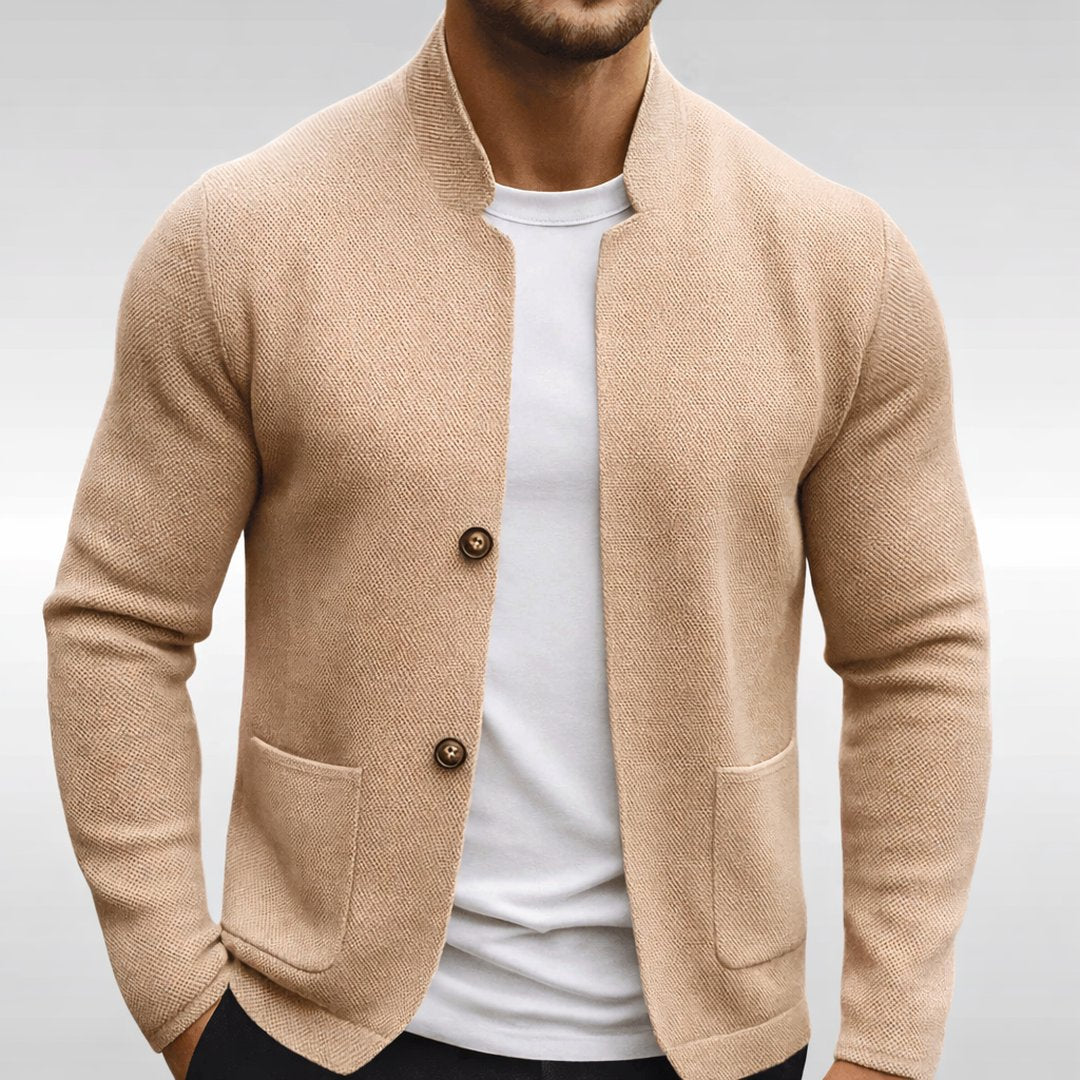 Man wearing the Tucker men's knit cardigan, back view