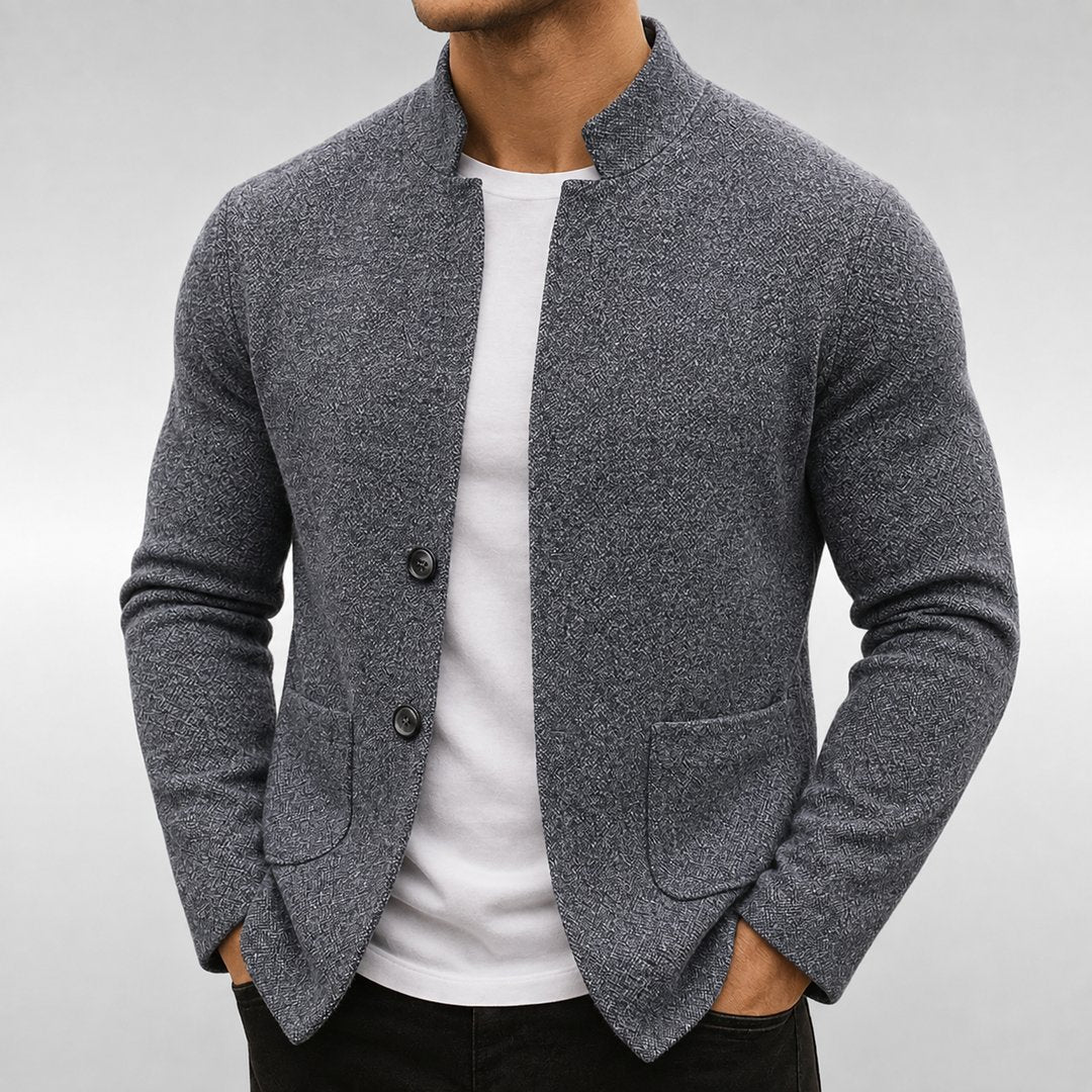 Man wearing the Tucker men's knit cardigan, detail view
