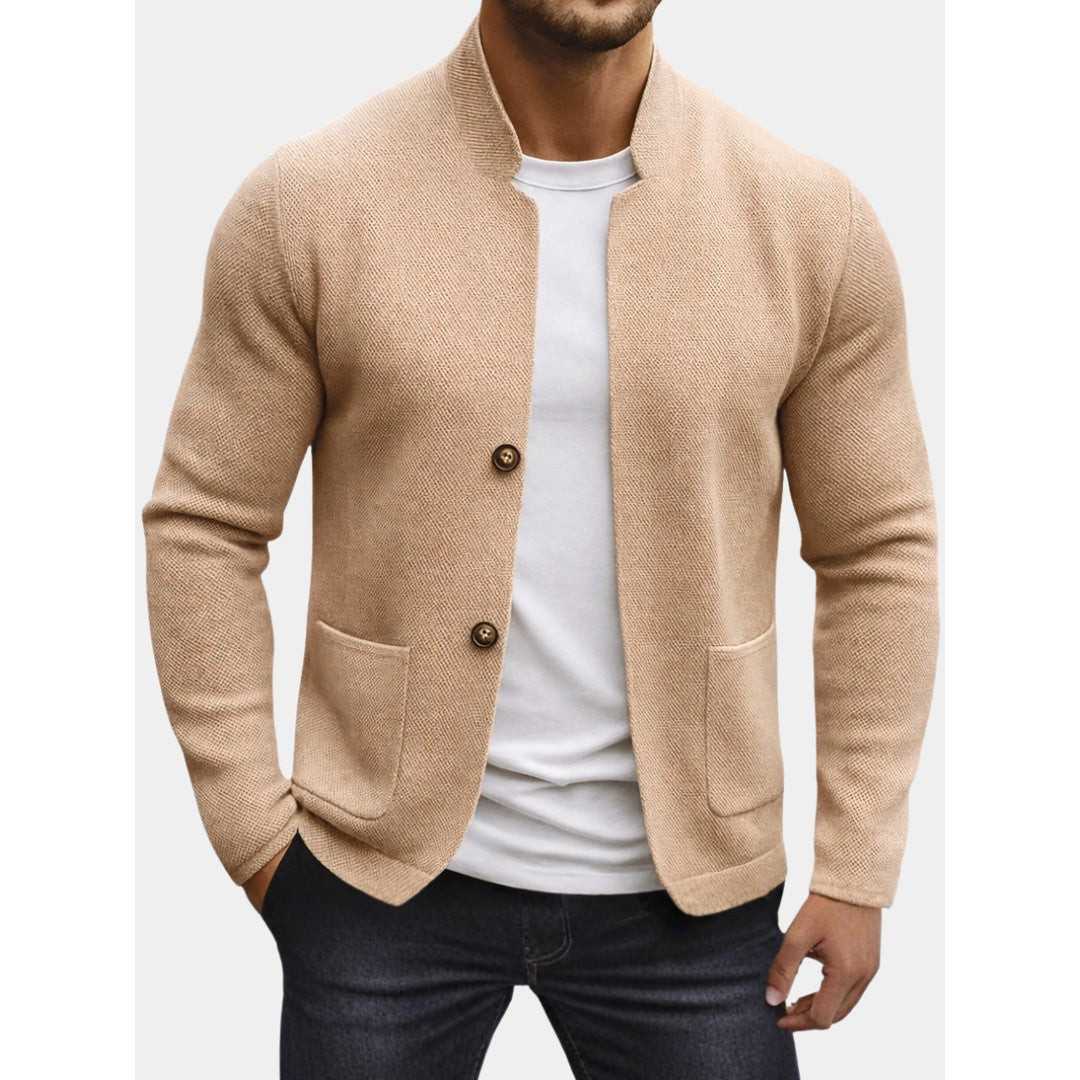 Man wearing the Tucker men's knit cardigan, front view
