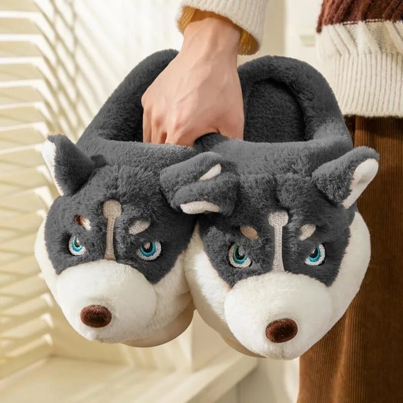 Husky-faced plush slippers - product photo 1
