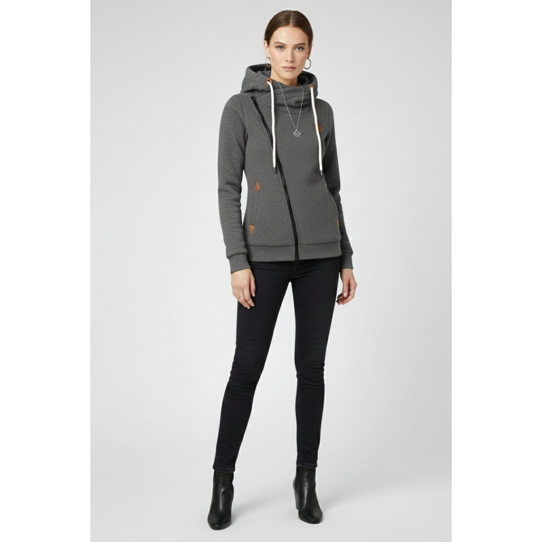 Woman wearing the Ulysses women's hooded zip-up jacket, 8 view
