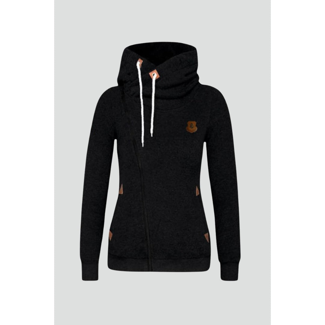 Woman wearing the Ulysses women's hooded zip-up jacket, front view