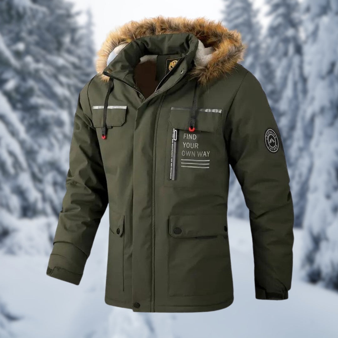 Man wearing the Uriah men's hooded jacket, detail view