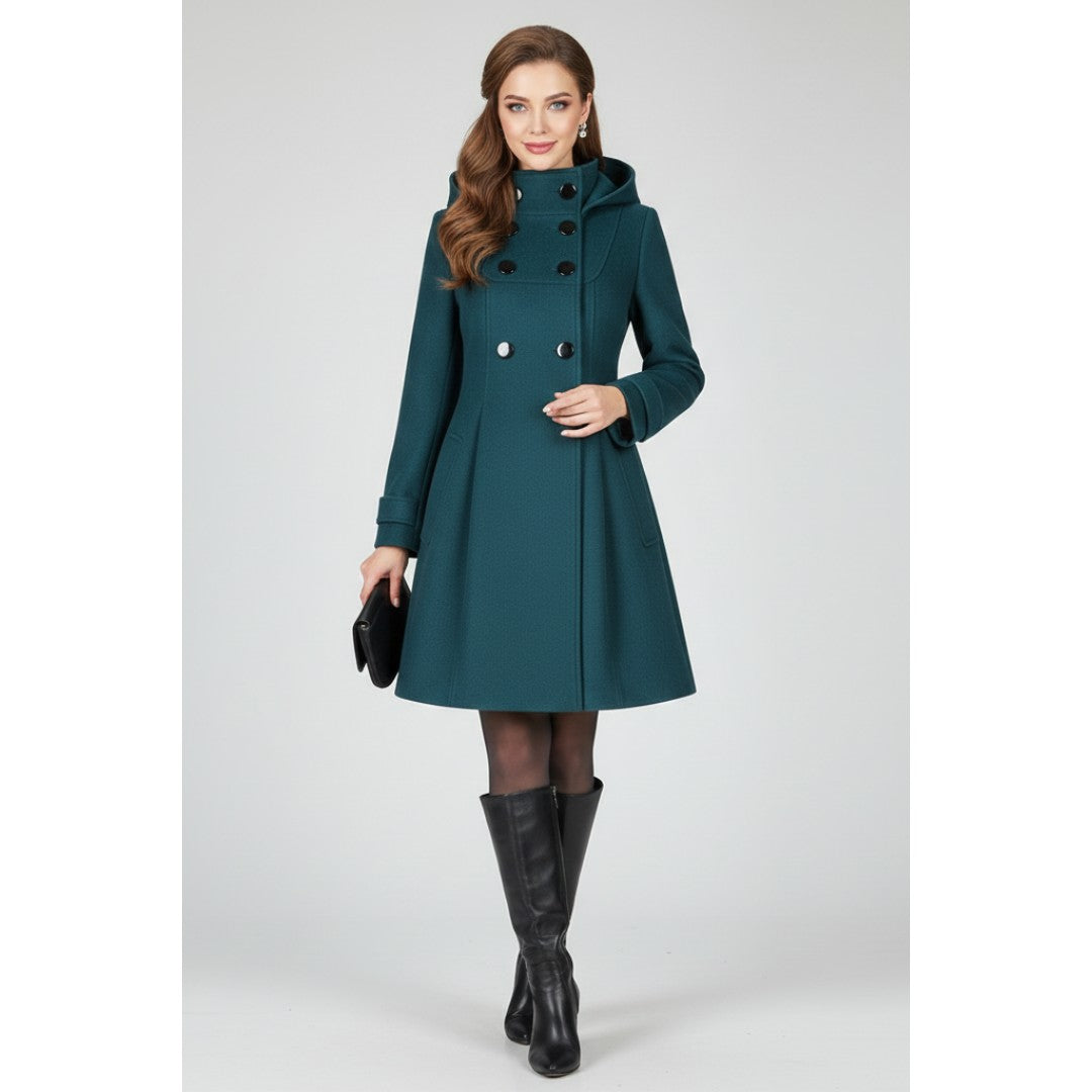 Woman wearing the Vance women's button-up coat, back view