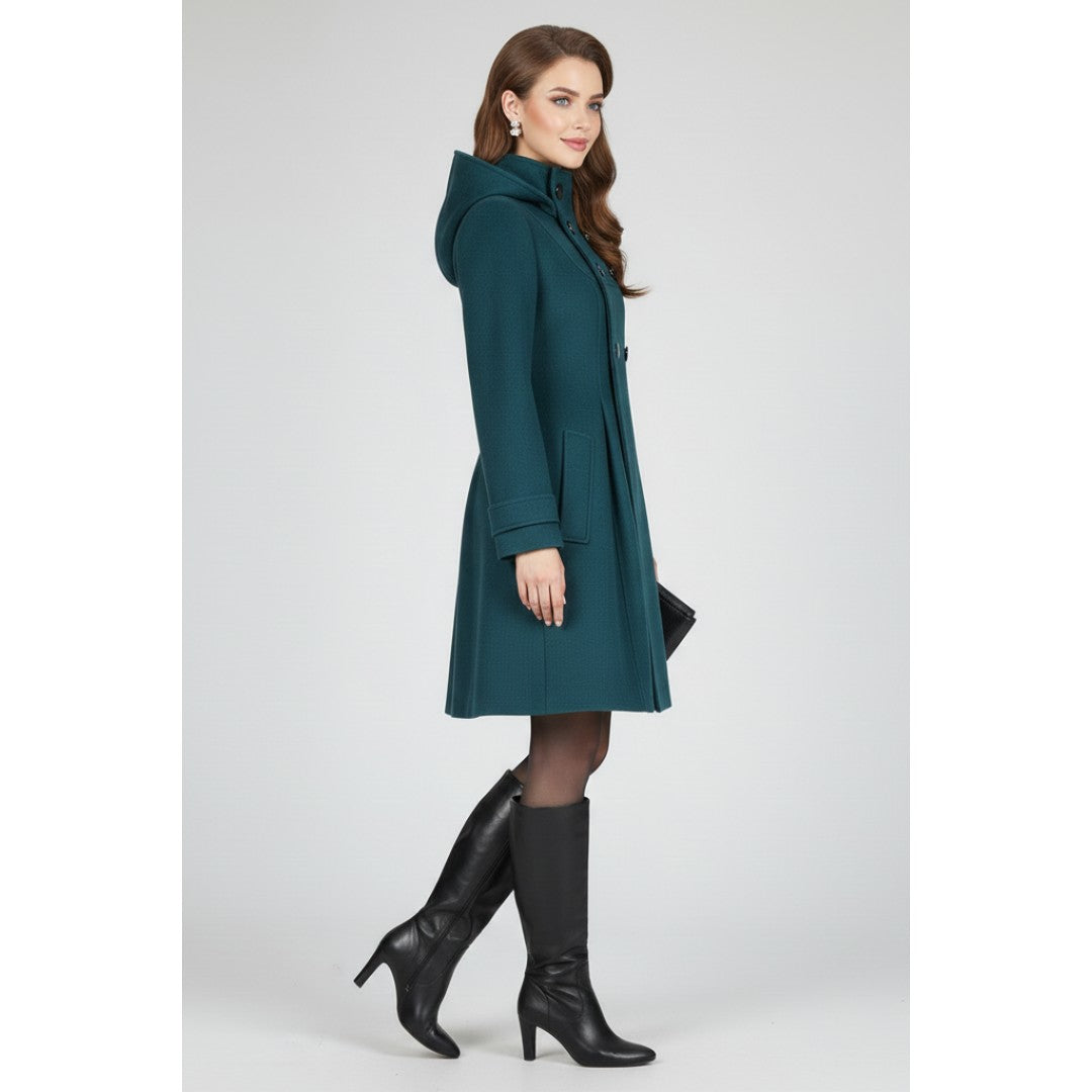 Woman wearing the Vance women's button-up coat, side view