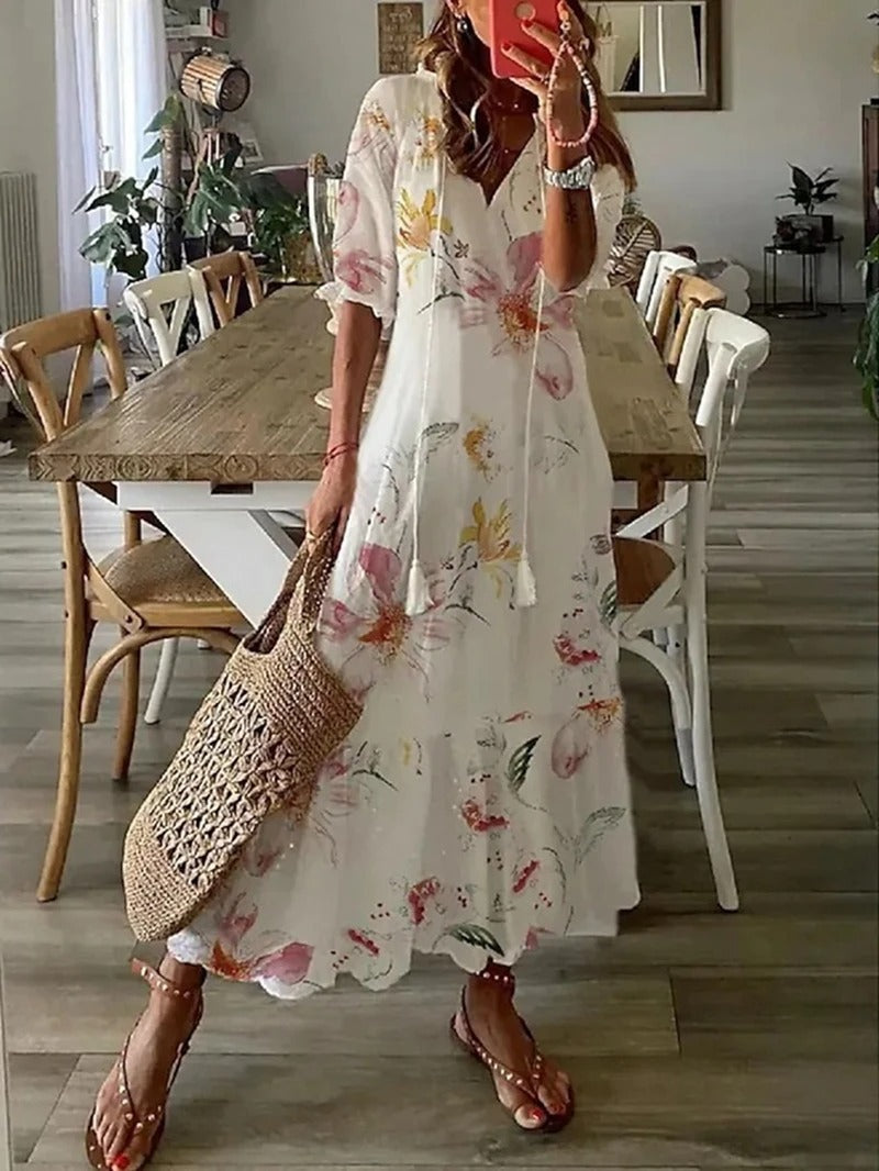 Amara | Women's Floral Tie-Neck Flowing Midi Dress