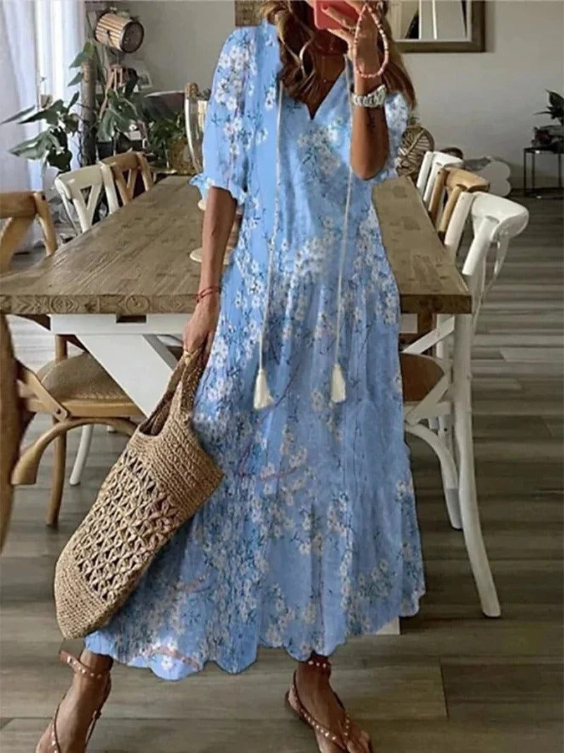 Amara | Women's Floral Tie-Neck Flowing Midi Dress
