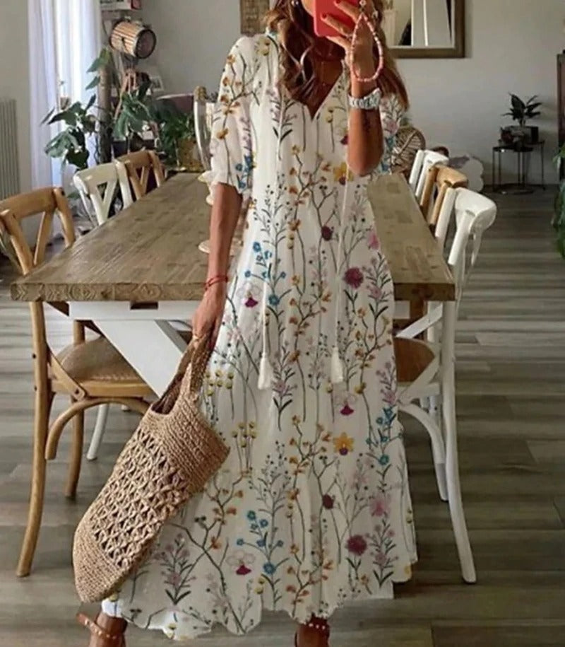 Amara | Women's Floral Tie-Neck Flowing Midi Dress