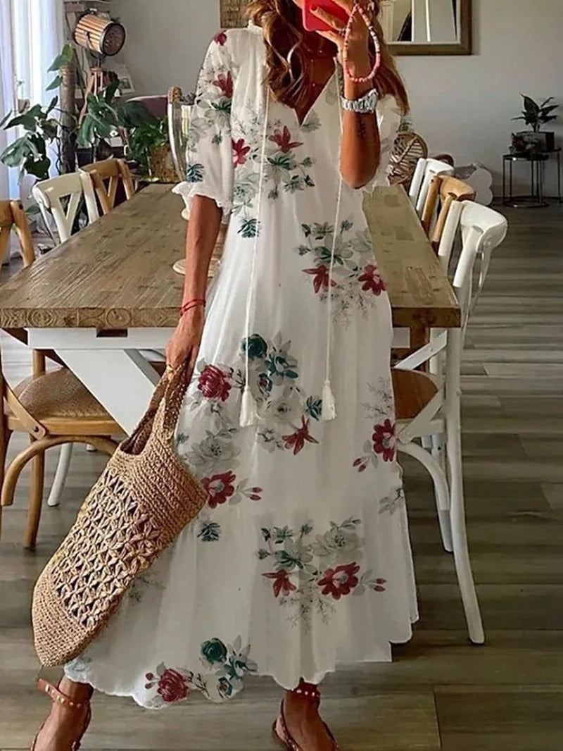Amara | Women's Floral Tie-Neck Flowing Midi Dress