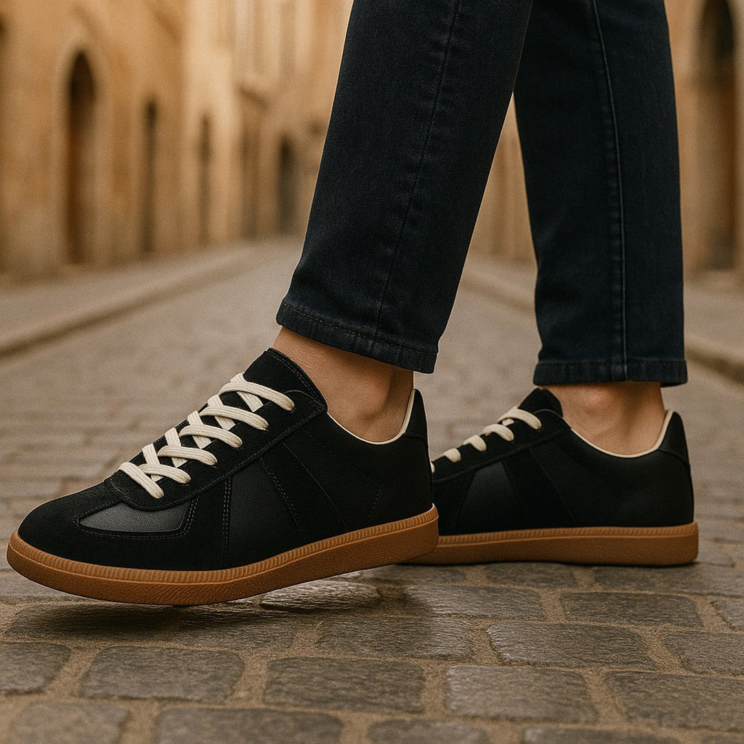 Man wearing the Vaughn men's casual lace shoes, side view
