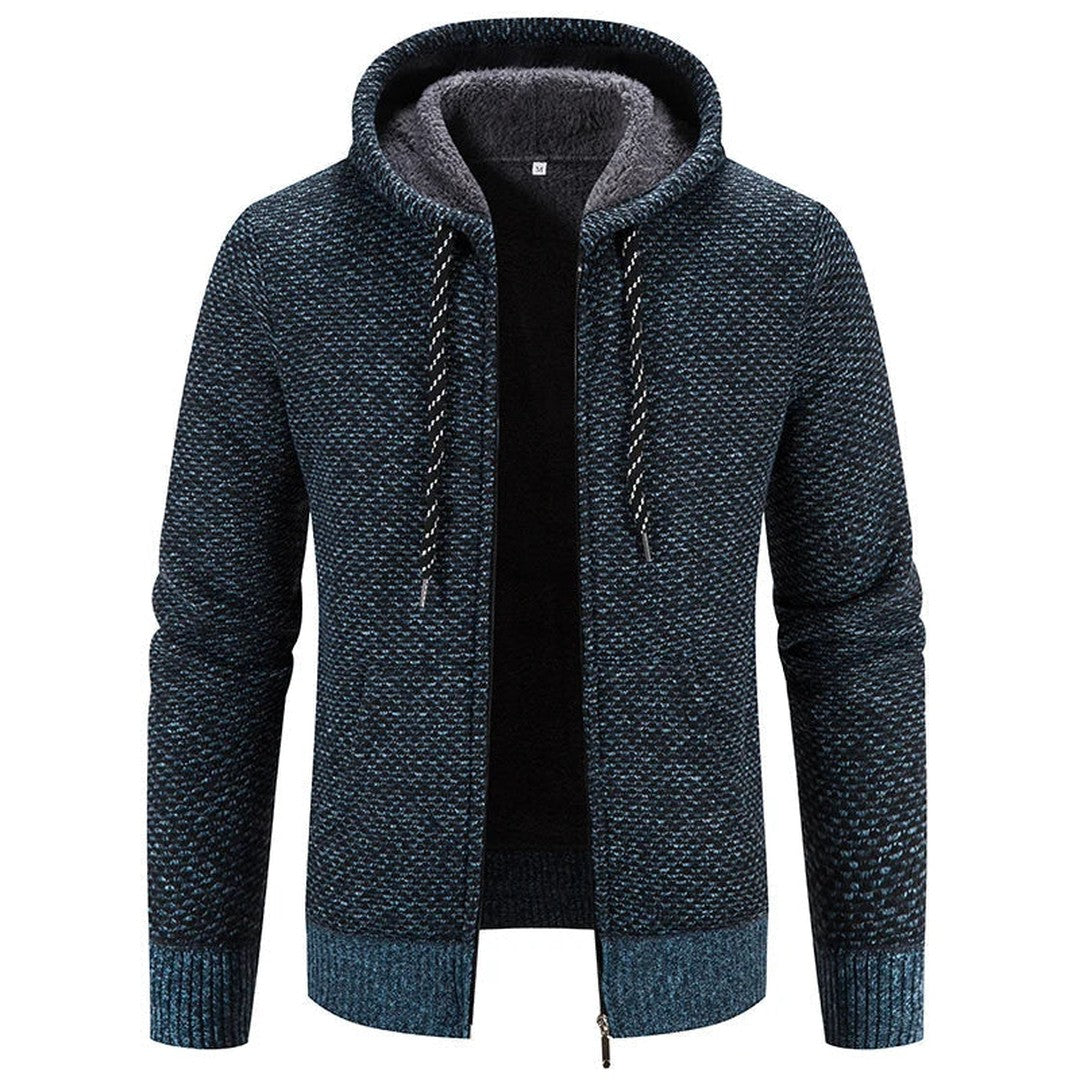Man wearing the Warren men's hooded jacket, back view