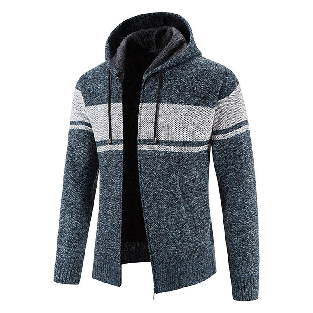 Man wearing the Warren men's hooded jacket, side view