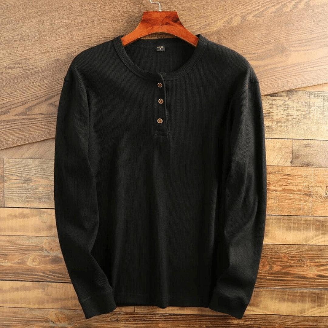 Man wearing the Waylon men's casual waffle-knit shirt, side view