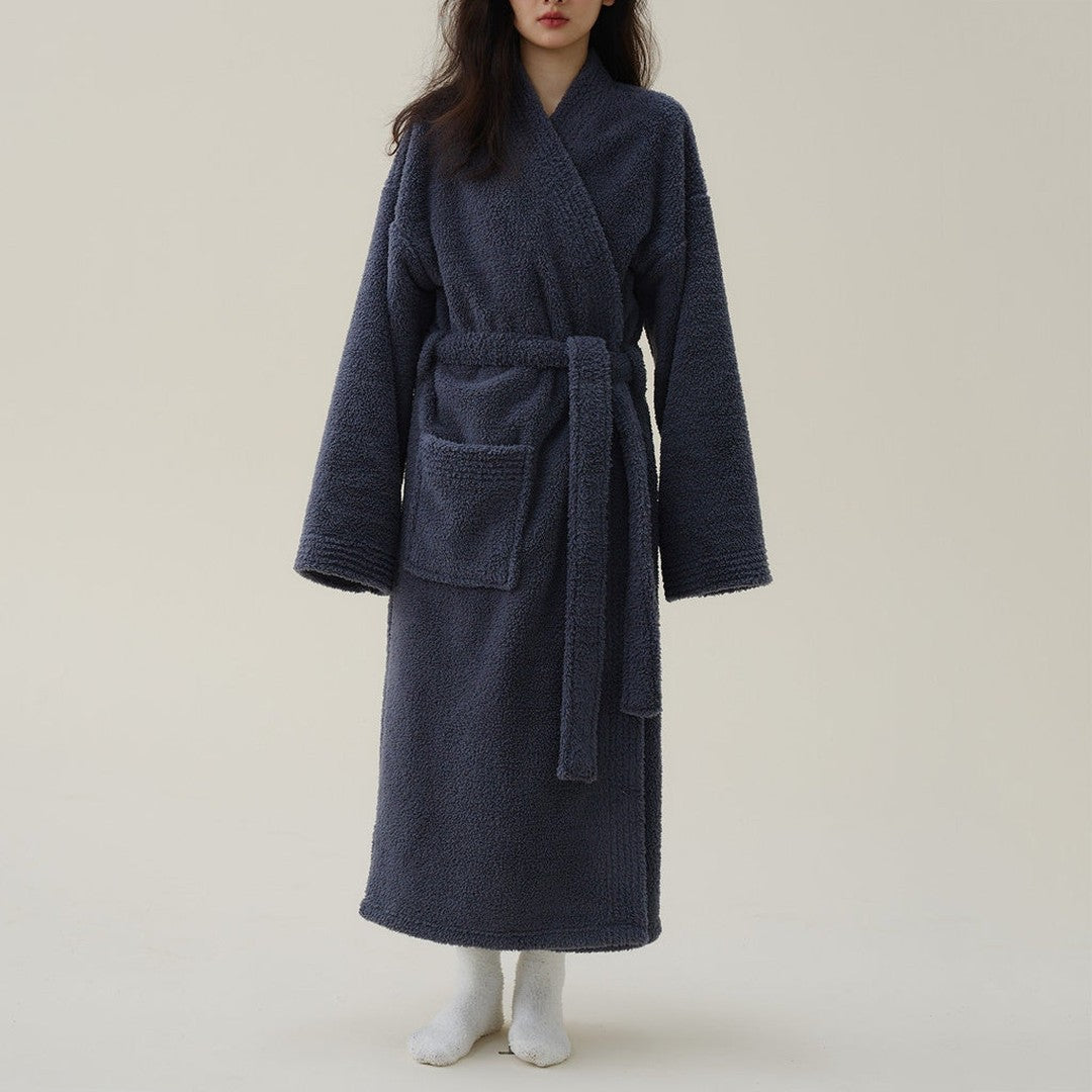 Woman wearing the Wilhelmine women's fleece bathrobe, front view