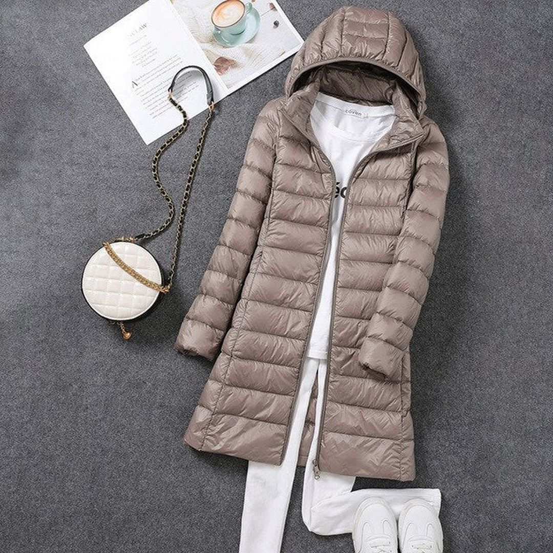 Woman wearing the Willa women's long-sleeve coat, flatlay view