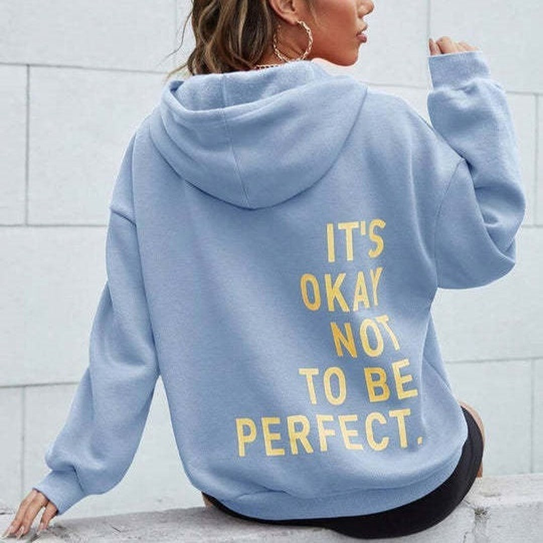 Woman wearing the Winona women's long-sleeve hoodie, back view