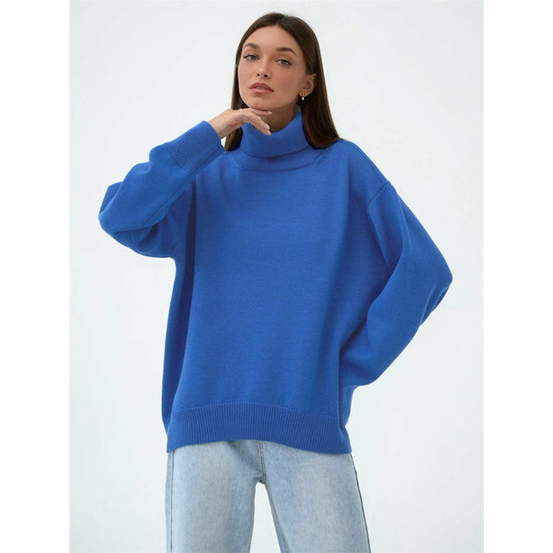 Woman wearing the Xanthe women's turtleneck knit sweater, flatlay view