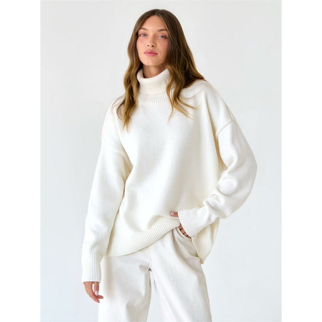 Woman wearing the Xanthe women's turtleneck knit sweater, side view