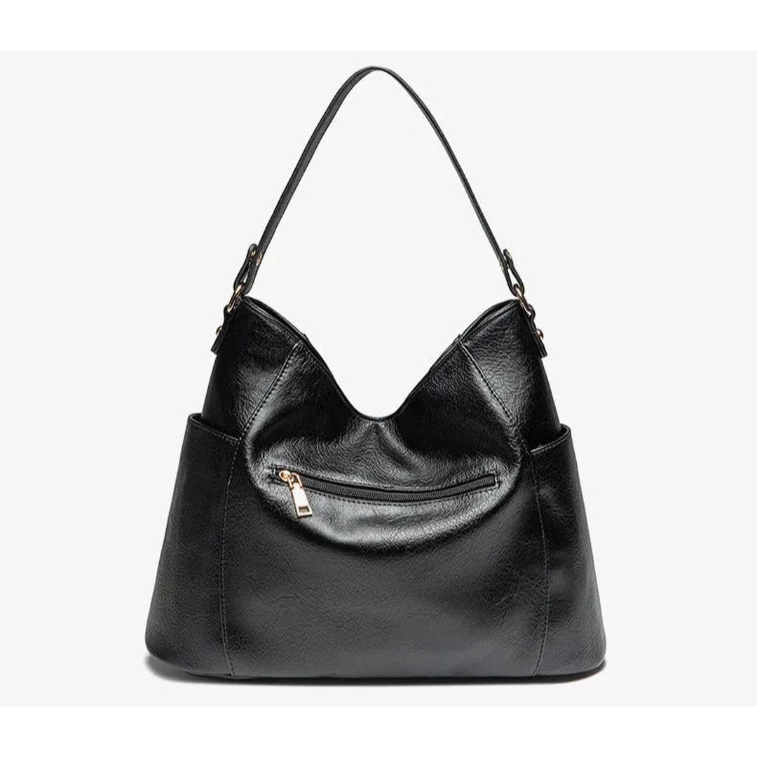 Woman wearing the Ximena women's elegant bag, flatlay view