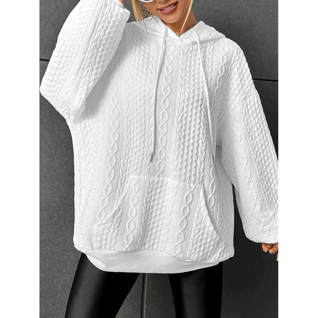 Woman wearing the Yara women's hooded sweater, back view