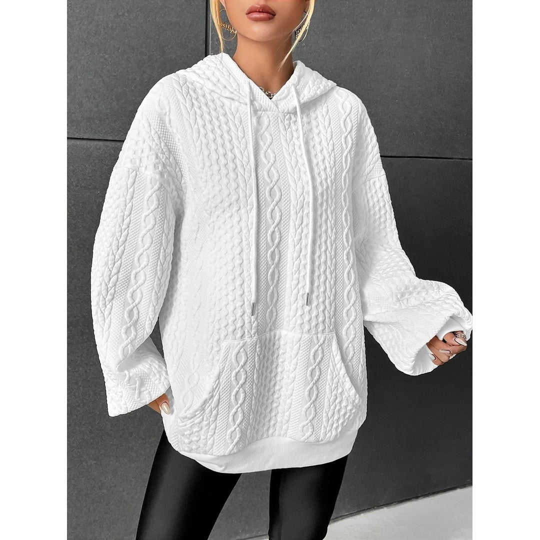 Woman wearing the Yara women's hooded sweater, side view