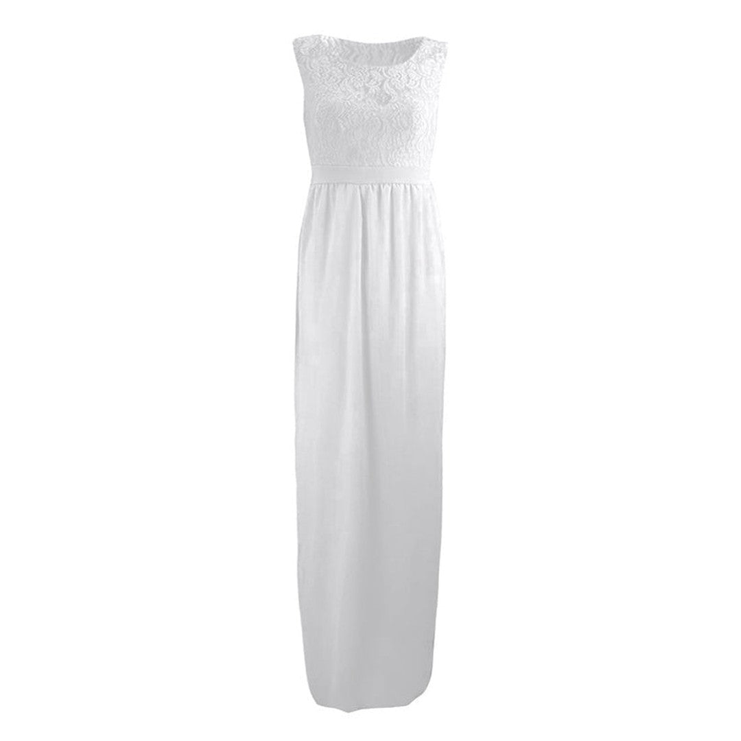 Woman wearing the Yolanda women's maxi crewneck elegant belt, back view