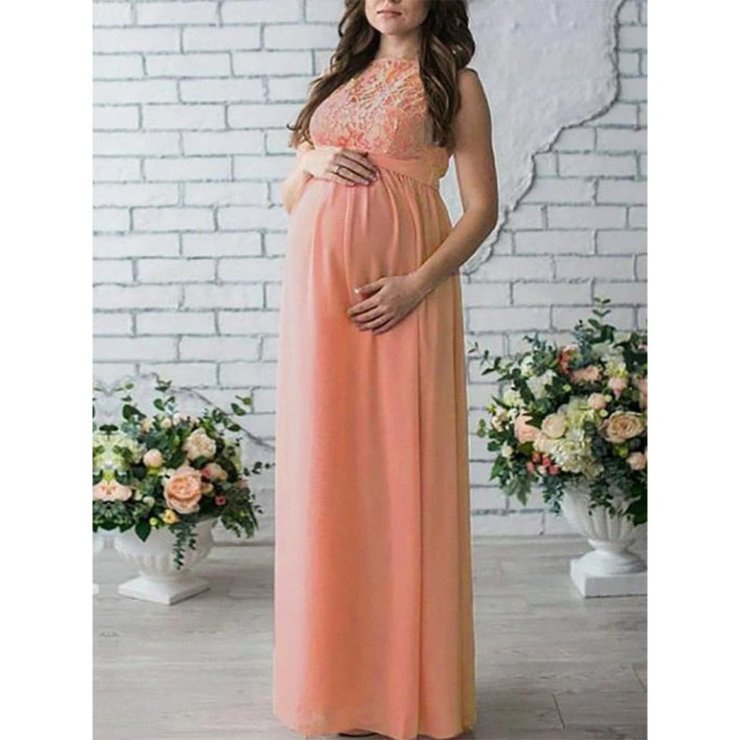 Woman wearing the Yolanda women's maxi crewneck elegant belt, front view