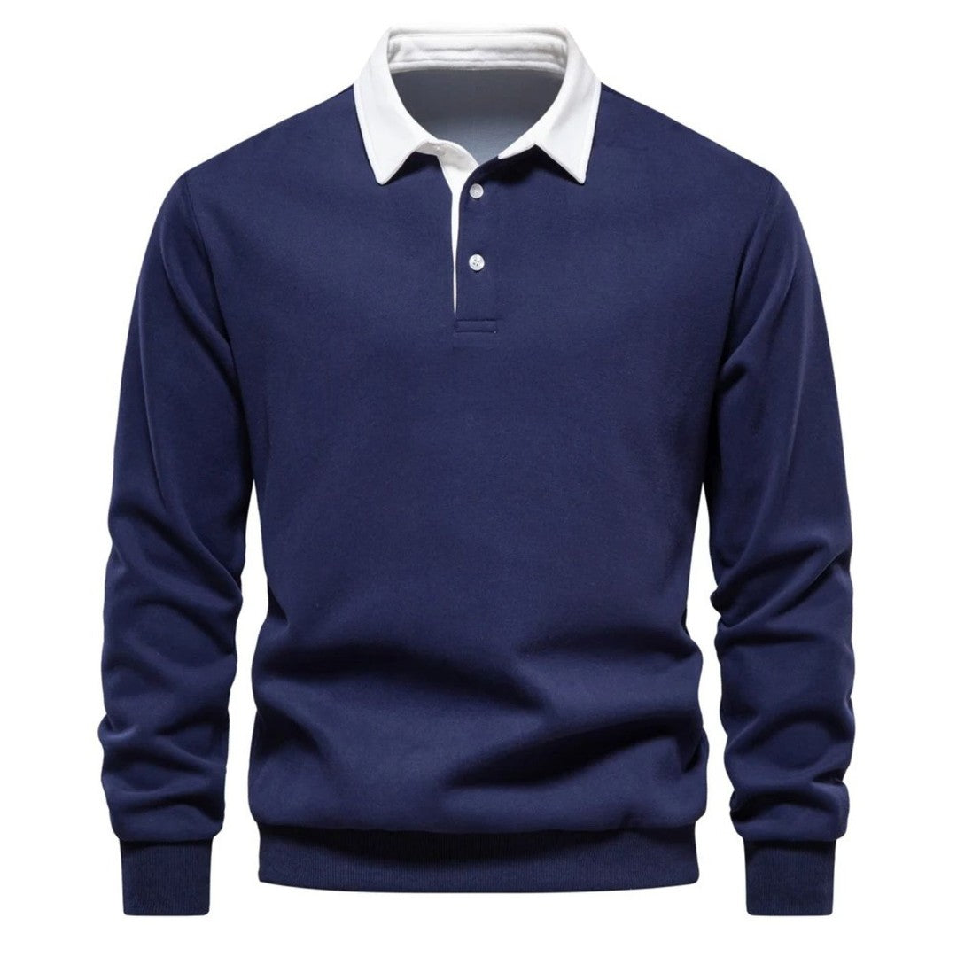 Man wearing the Zane men's sweater, detail view