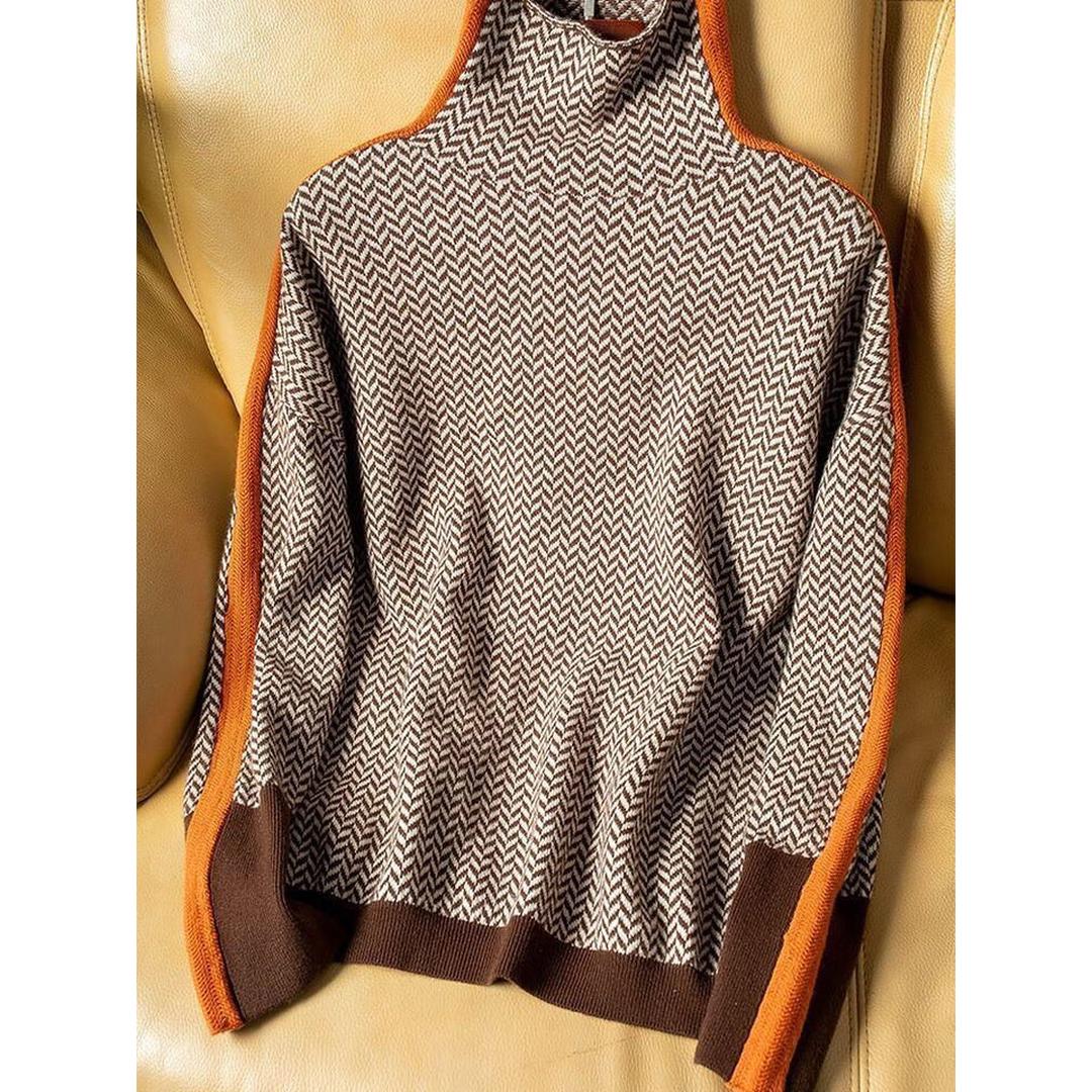 Woman wearing the Zara women's turtleneck knit sweater, back view