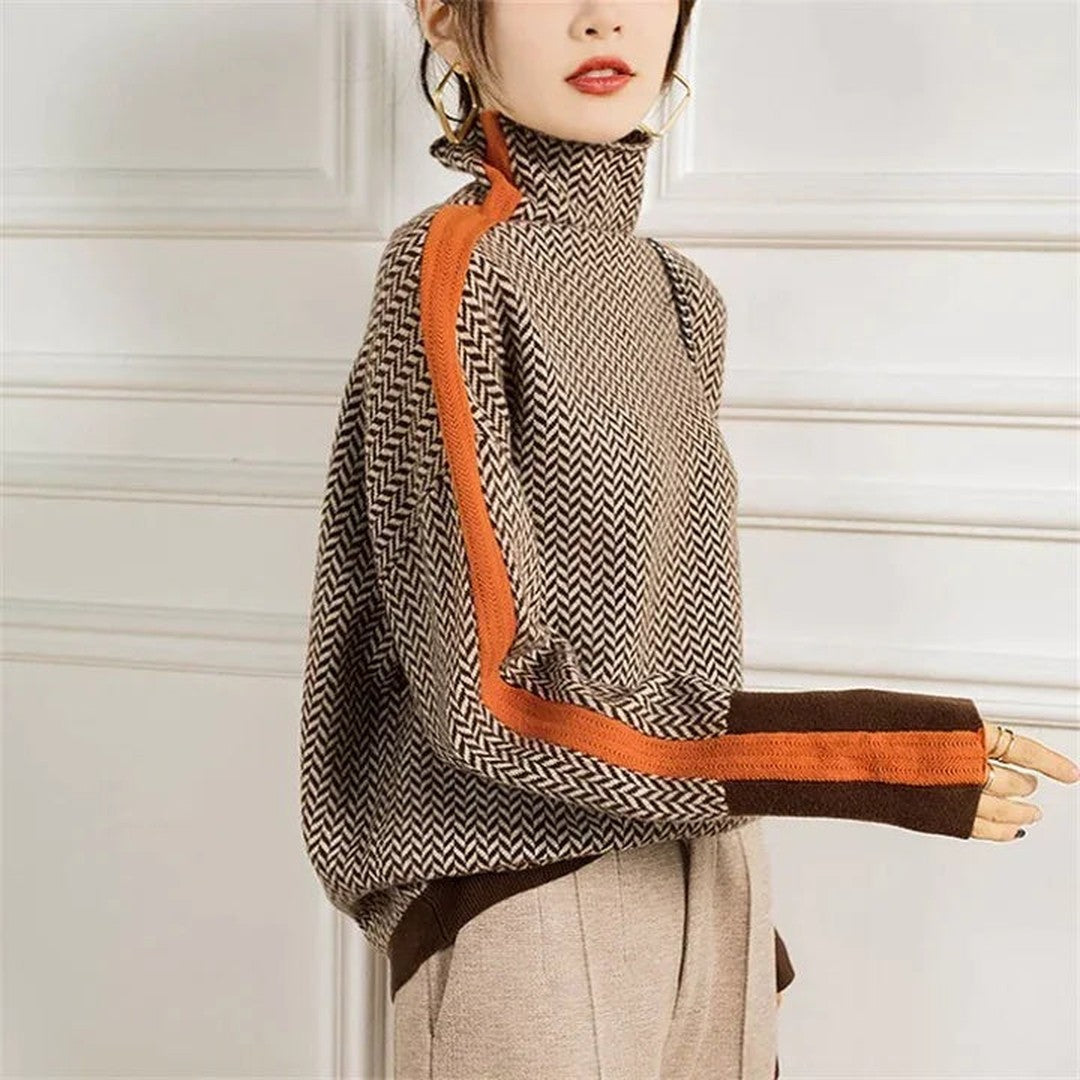 Woman wearing the Zara women's turtleneck knit sweater, detail view
