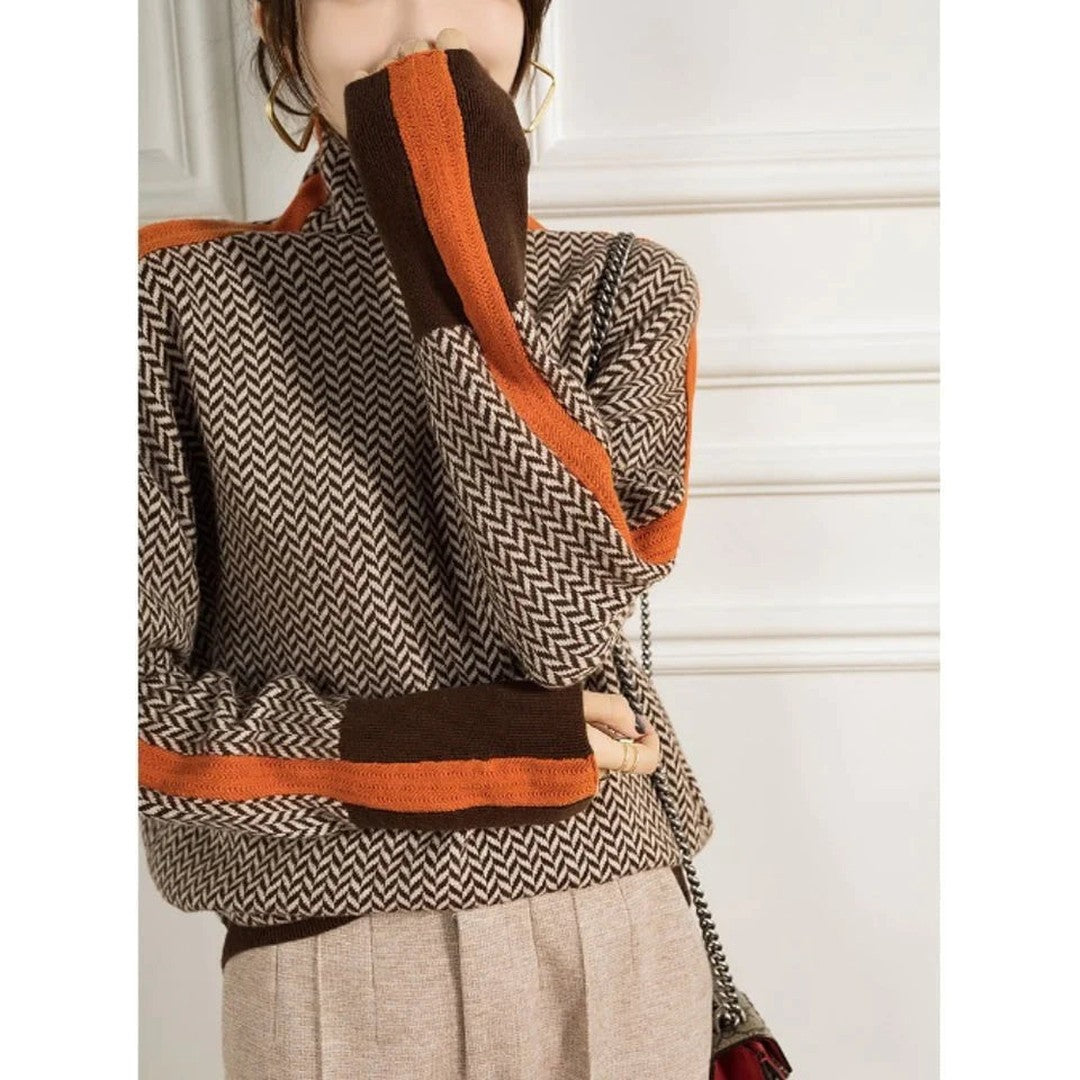 Woman wearing the Zara women's turtleneck knit sweater, front view