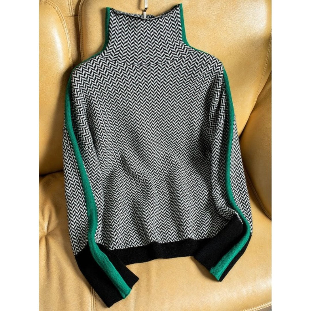 Woman wearing the Zara women's turtleneck knit sweater, side view