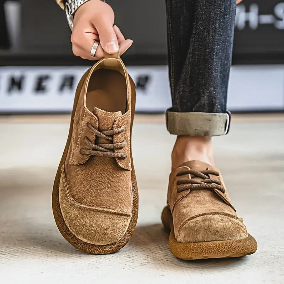 Man wearing the Zebedee men's shoes, detail view
