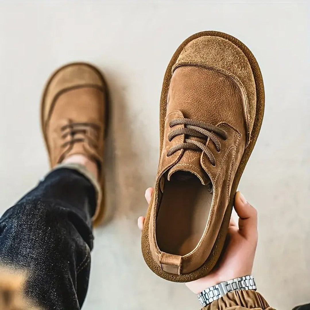 Man wearing the Zebedee men's shoes, flatlay view