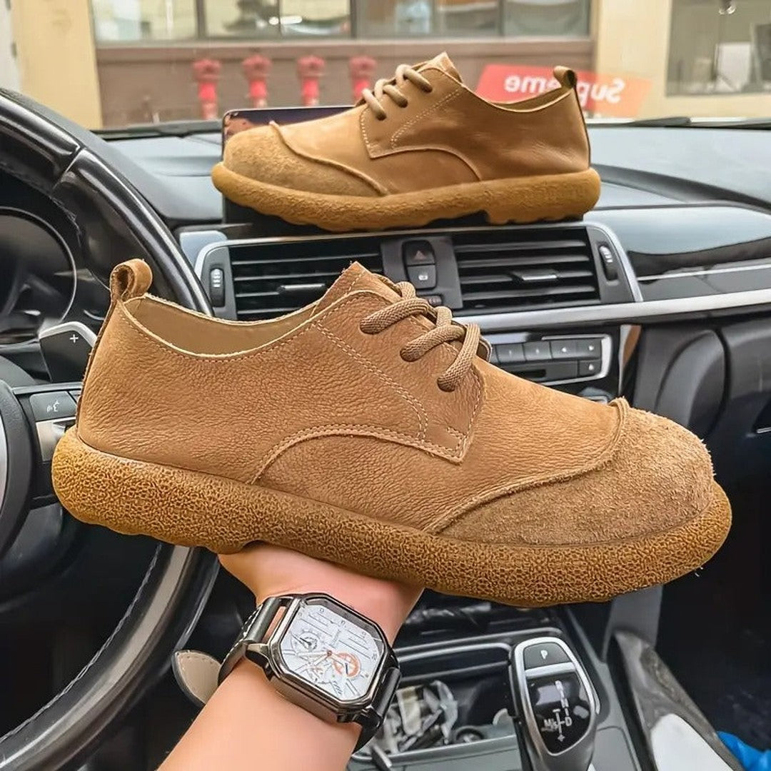 Man wearing the Zebedee men's shoes, side view