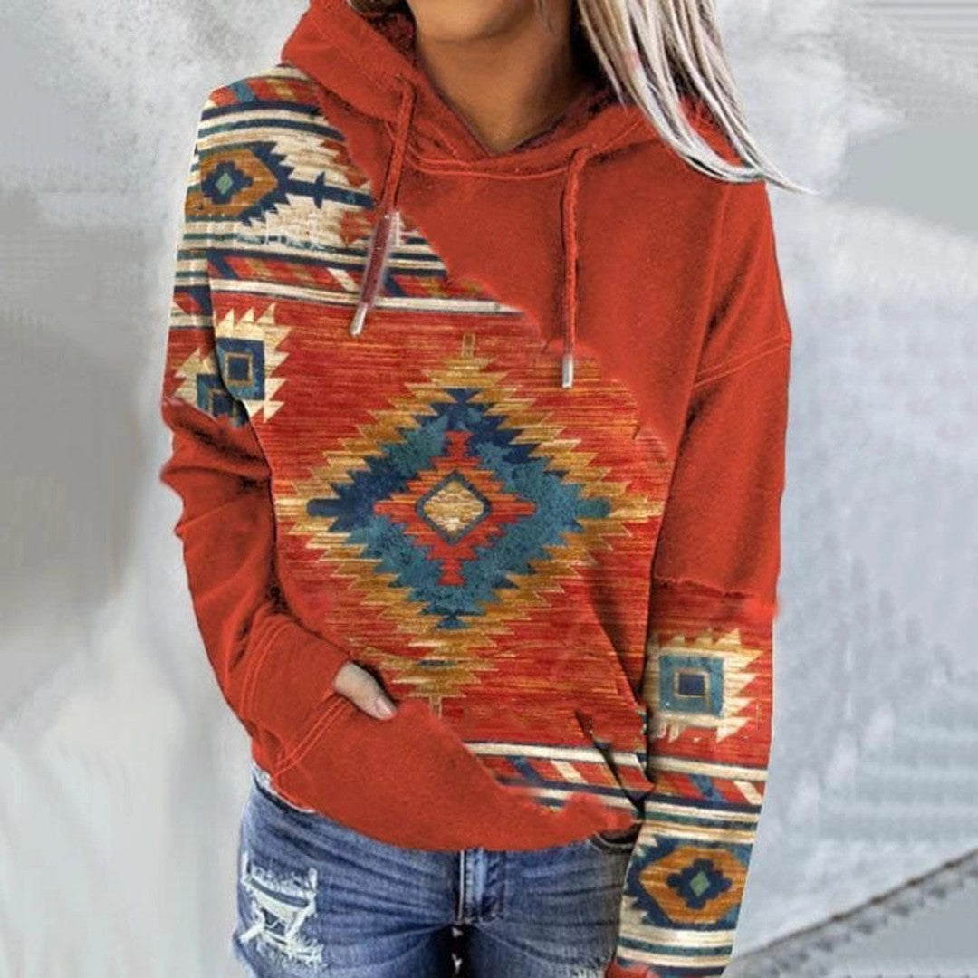 Woman wearing the Zelda women's elegant sweatshirt, back view